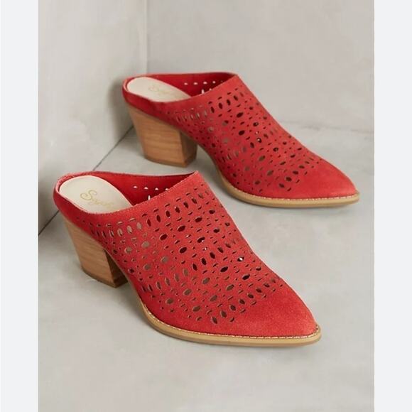 ANTHROPOLOGIE SEYCHELLES LASERCUT MULES RED SUEDE STACKED HEEL - Picture 1 of 10